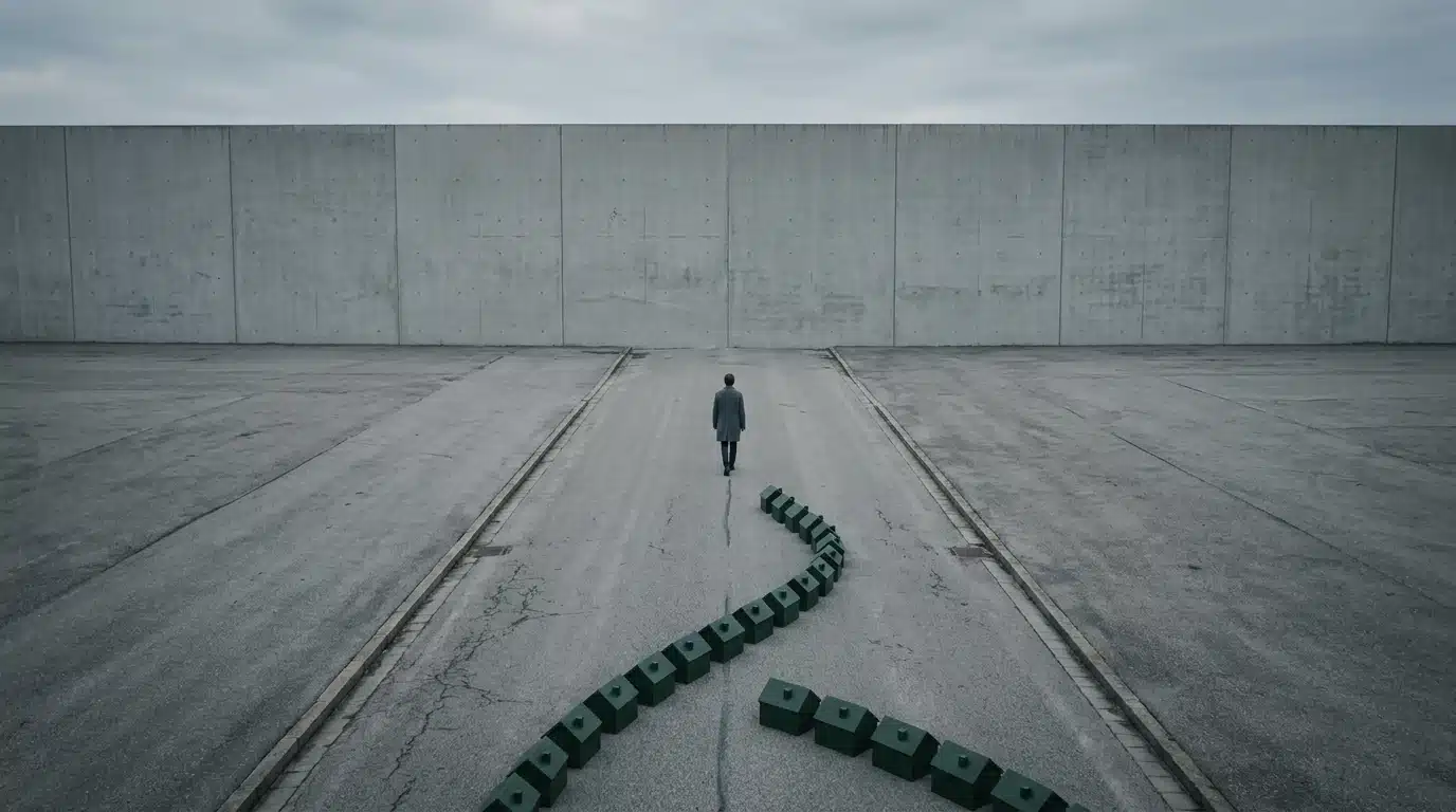 A high-angle photo shows a lone person walking towards a massive concrete wall, symbolizing housing barriers. In the foreground, a long queue of miniature green house models represents Section 8 waitlists, emphasizing the overwhelming demand and limi