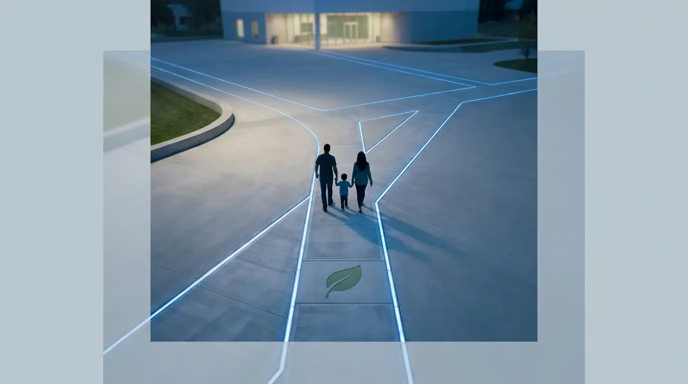 A family walking on a geometrically designed pathway at twilight, symbolizing varied state welfare policies and community support. The scene features cool blue and grey tones with subtle green accents.