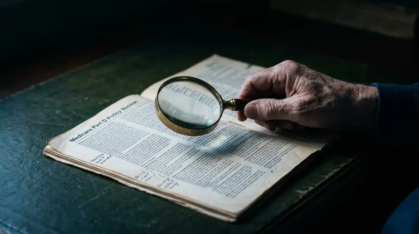 A person's hand with a magnifying glass scrutinizing an old, complex Medicare Part D policy document, symbolizing the program's history and impending changes.