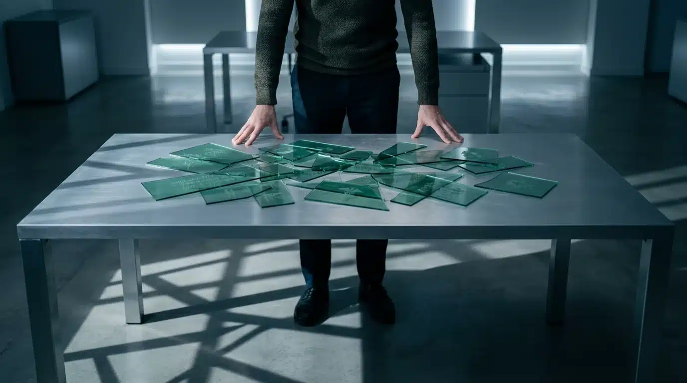A person's hands rest on a brushed aluminum desk fragmented by translucent green acrylic panels, symbolizing health coverage choices after layoff, in a minimalist office with angular shadows.