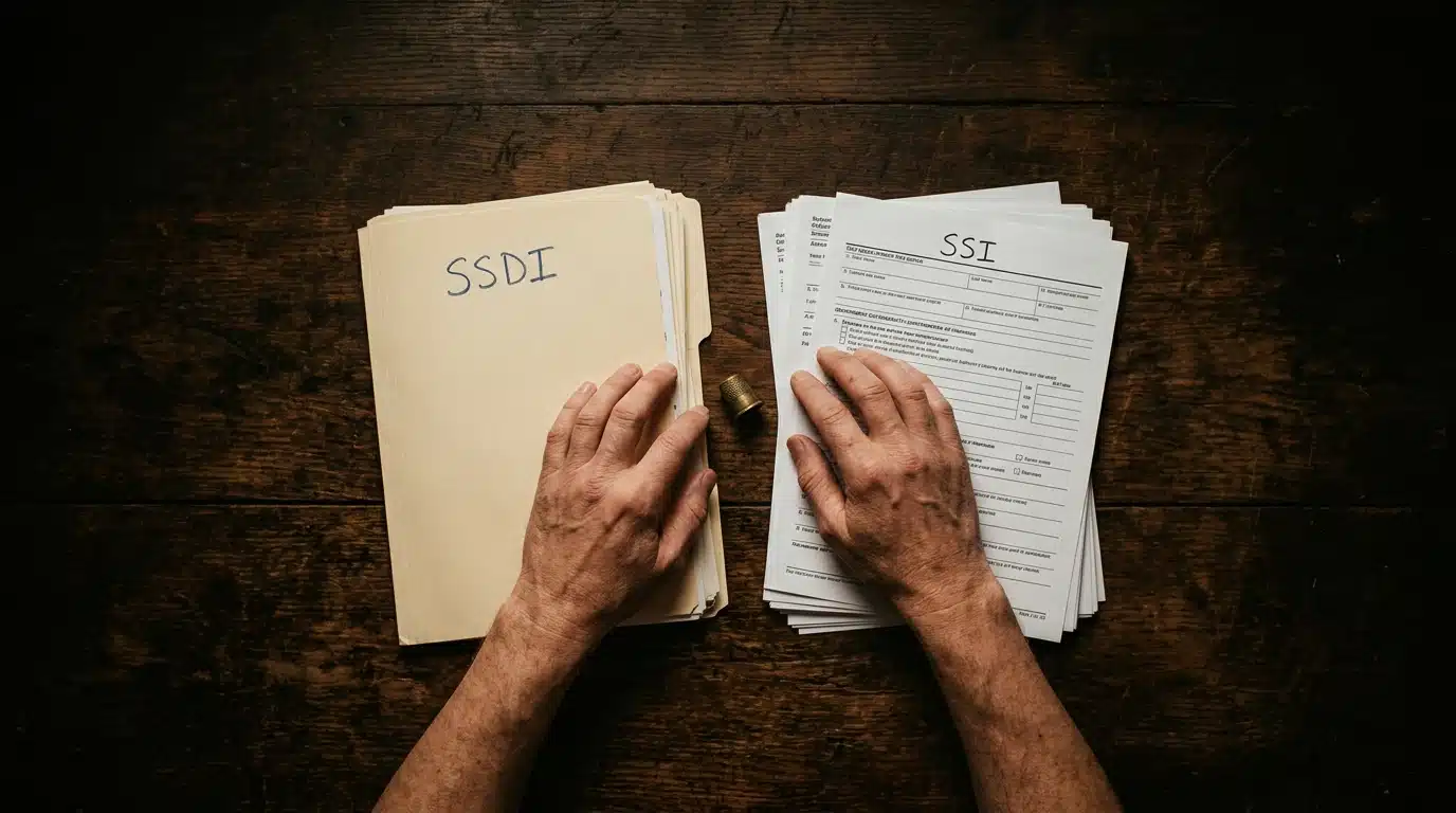Close-up of hands sorting documents for SSDI and SSI eligibility, emphasizing key differences and application complexities.