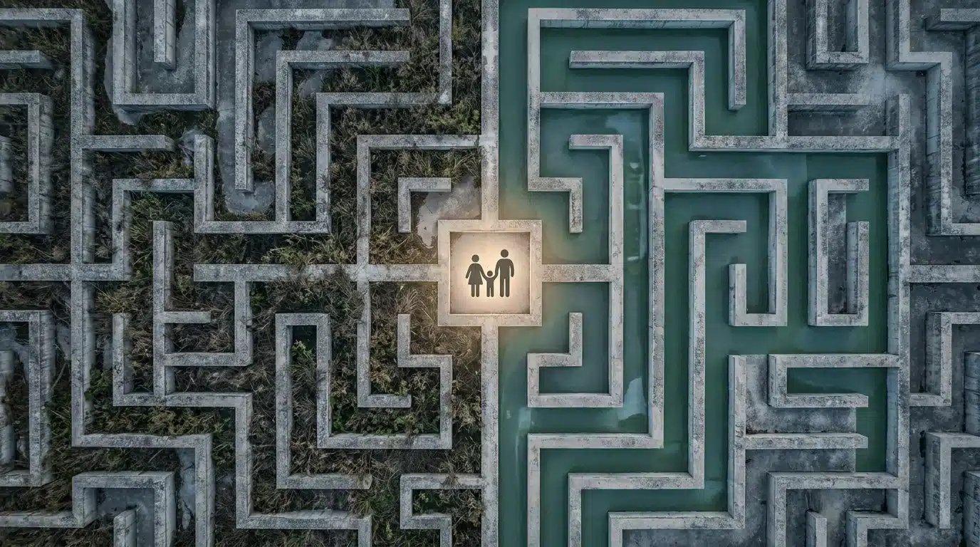 Aerial view of a labyrinth, contrasting overgrown concrete paths representing unpaid leave with smooth green asphalt paths symbolizing paid parental leave, a family silhouette illuminated at the center.