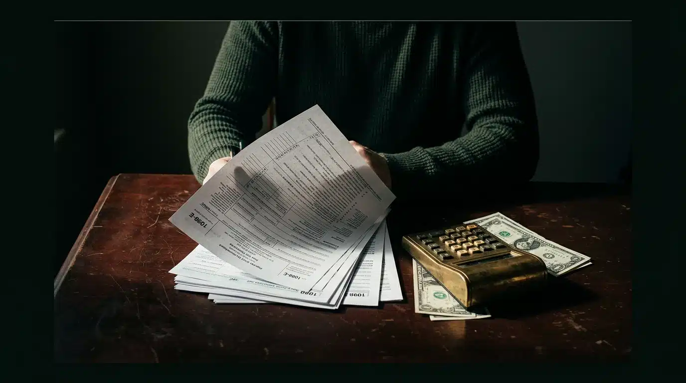 A person reviewing IRS Form 1098-E and tax documents on a dark desk, lit by dramatic directional lighting, symbolizing the student loan interest deduction.