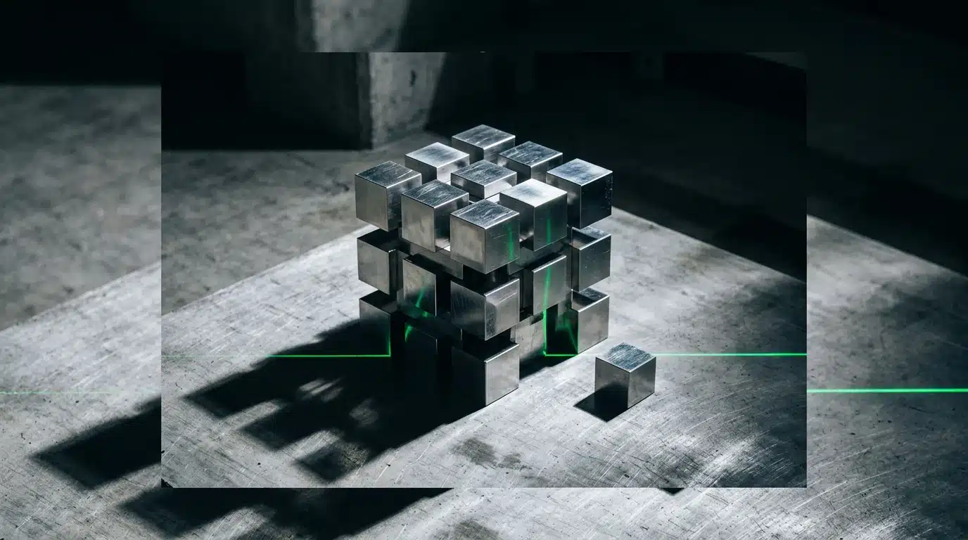 Geometric arrangement of stainless steel blocks on concrete, with a green laser line indicating a financial threshold, symbolizing Medicaid spend-down strategy and asset reduction.