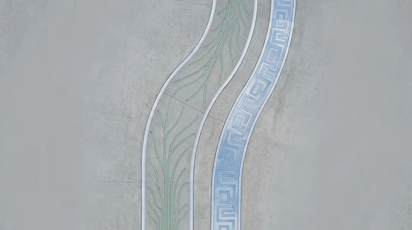 An aerial drone view showing two distinct, curving financial pathways on a concrete surface, one wider with green glowing lines for high-yield savings, and a narrower, geometric one for Treasury Bills, symbolizing investment choices.