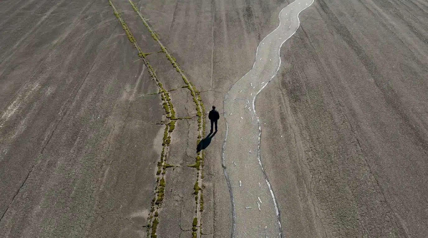 Aerial view of two distinct pathways on an asphalt surface, symbolizing I Bonds and TIPS, with a person standing at a fork, representing investment decisions for inflation protection.