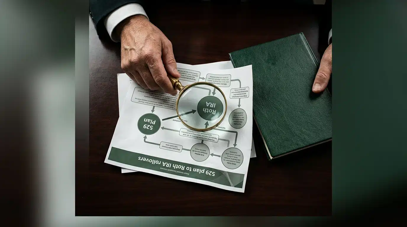 An overhead shot of hands using a magnifying glass over a financial flow chart detailing 529 to Roth IRA rollover rules, with a green ledger on a mahogany desk, highlighting strategic financial planning.