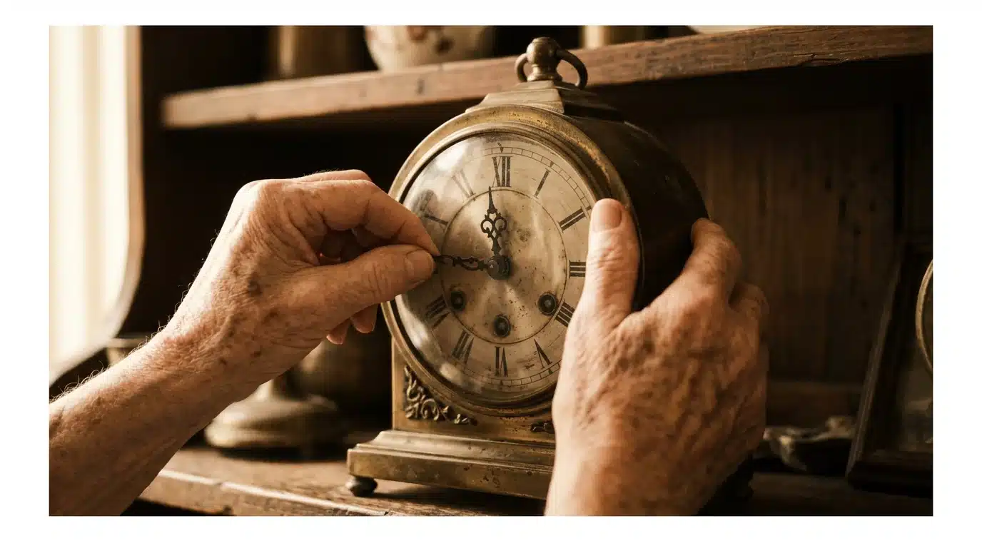 Close-up of elderly hands adjusting an antique brass mantel clock, symbolizing historical shifts in retirement withdrawal ages.