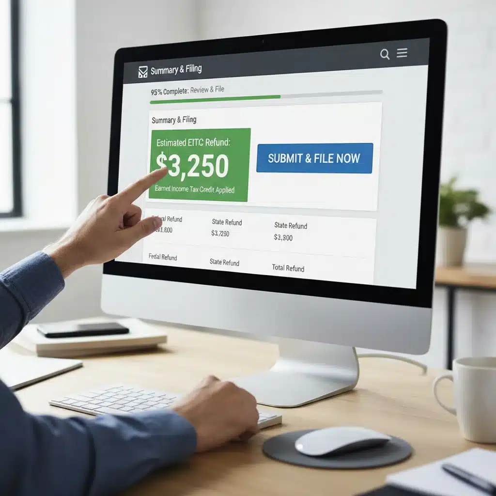 Online tax software showing EITC refund calculation