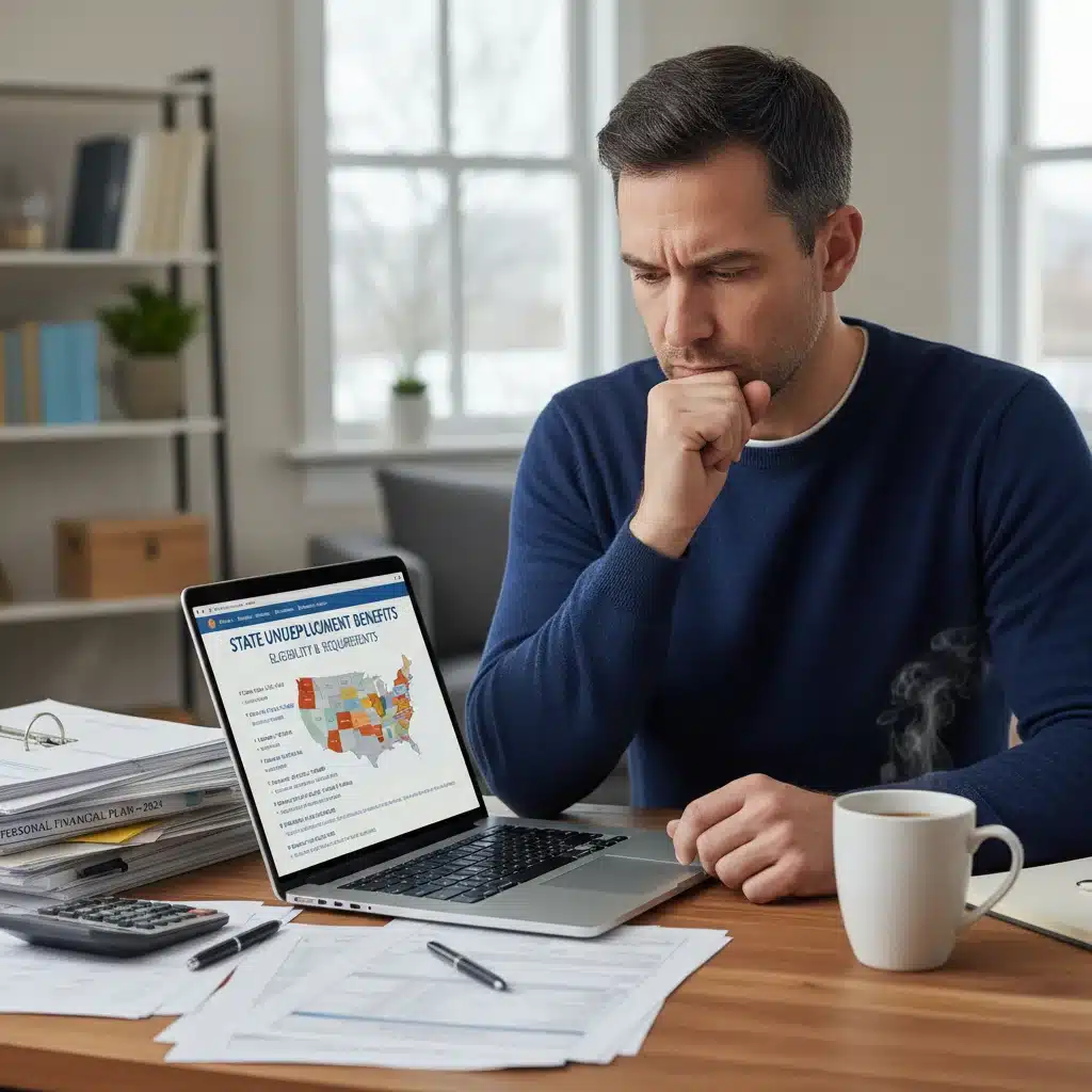 Individual researching state unemployment benefit requirements online