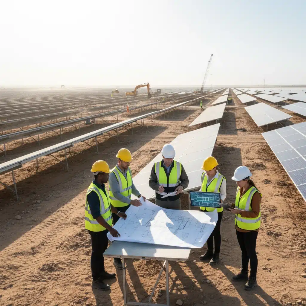 Engineers collaborating on a large solar farm project, symbolizing renewable energy development and innovation.