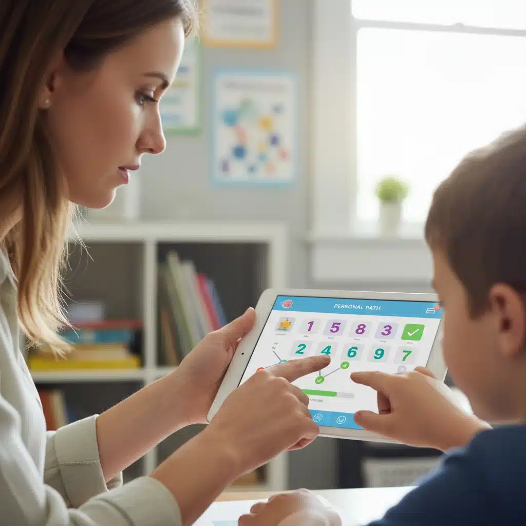 Teacher guiding student with educational app on tablet, personalized learning.