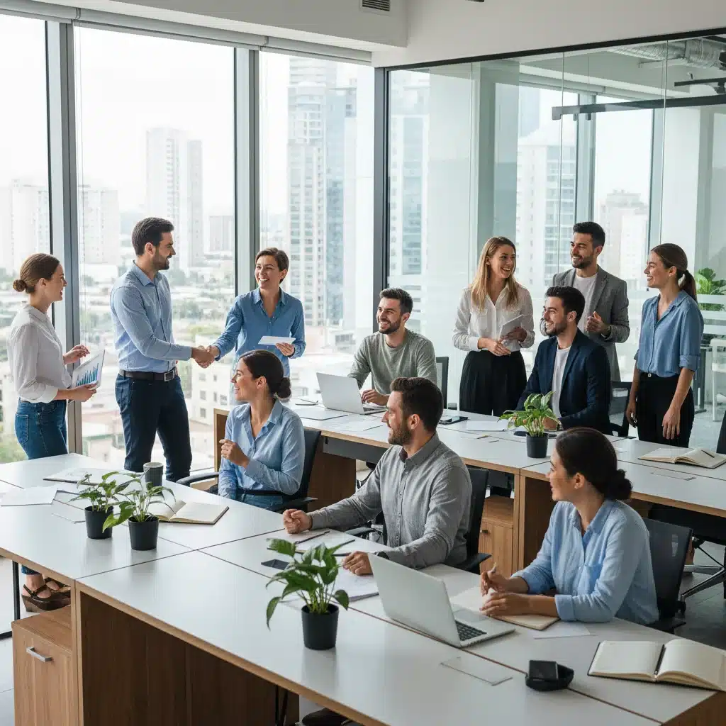 Diverse professionals celebrating job success in modern office
