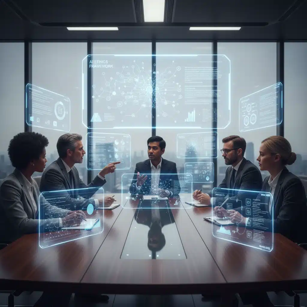 Professionals discussing AI compliance and regulatory frameworks