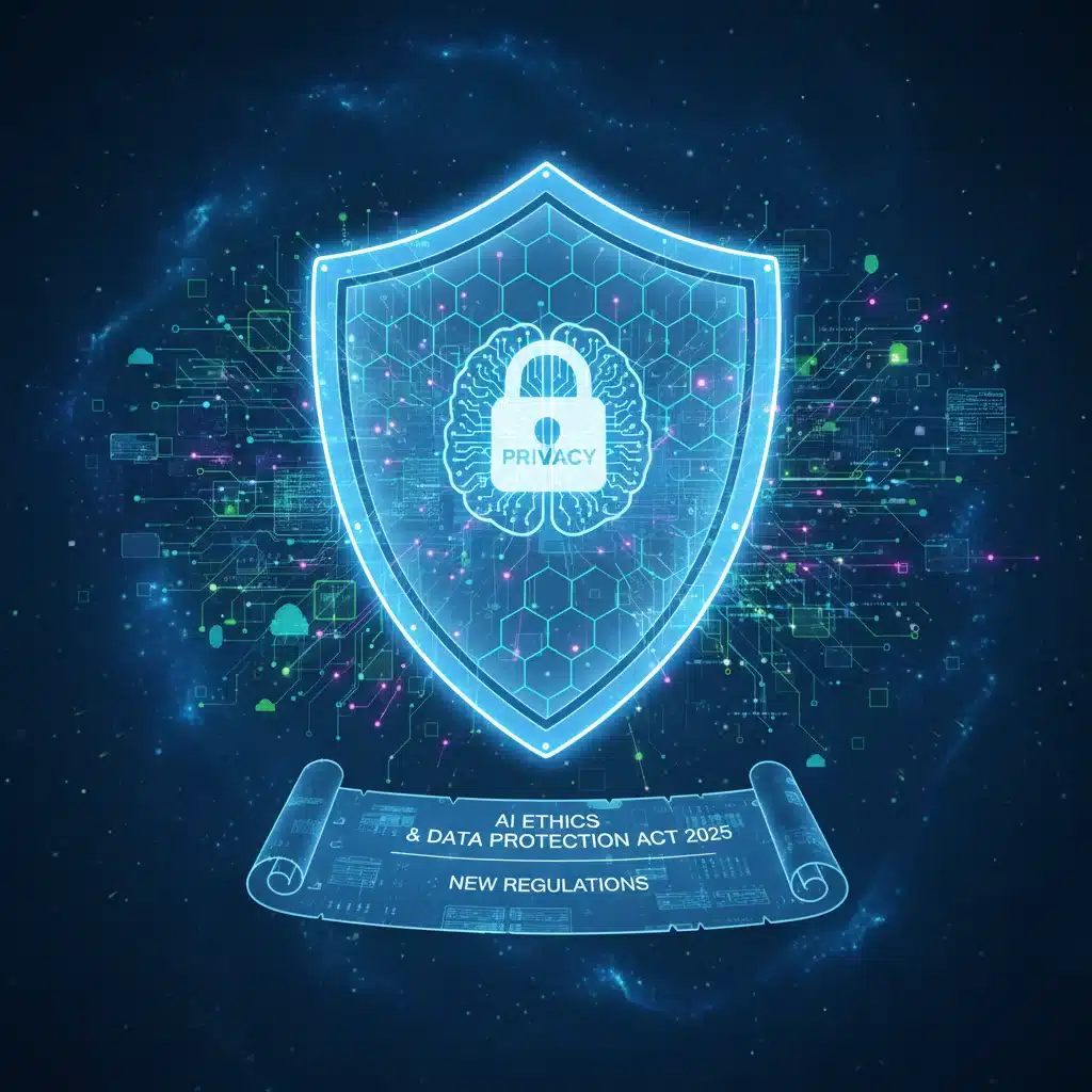 Digital shield protecting data networks, symbolizing AI data security and privacy