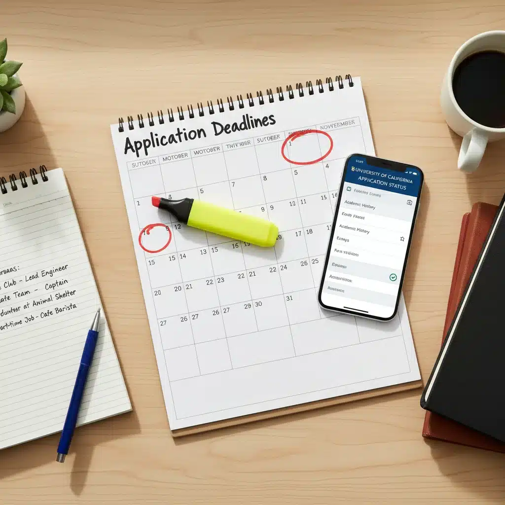 Organized desk with college application deadlines and extracurricular notes