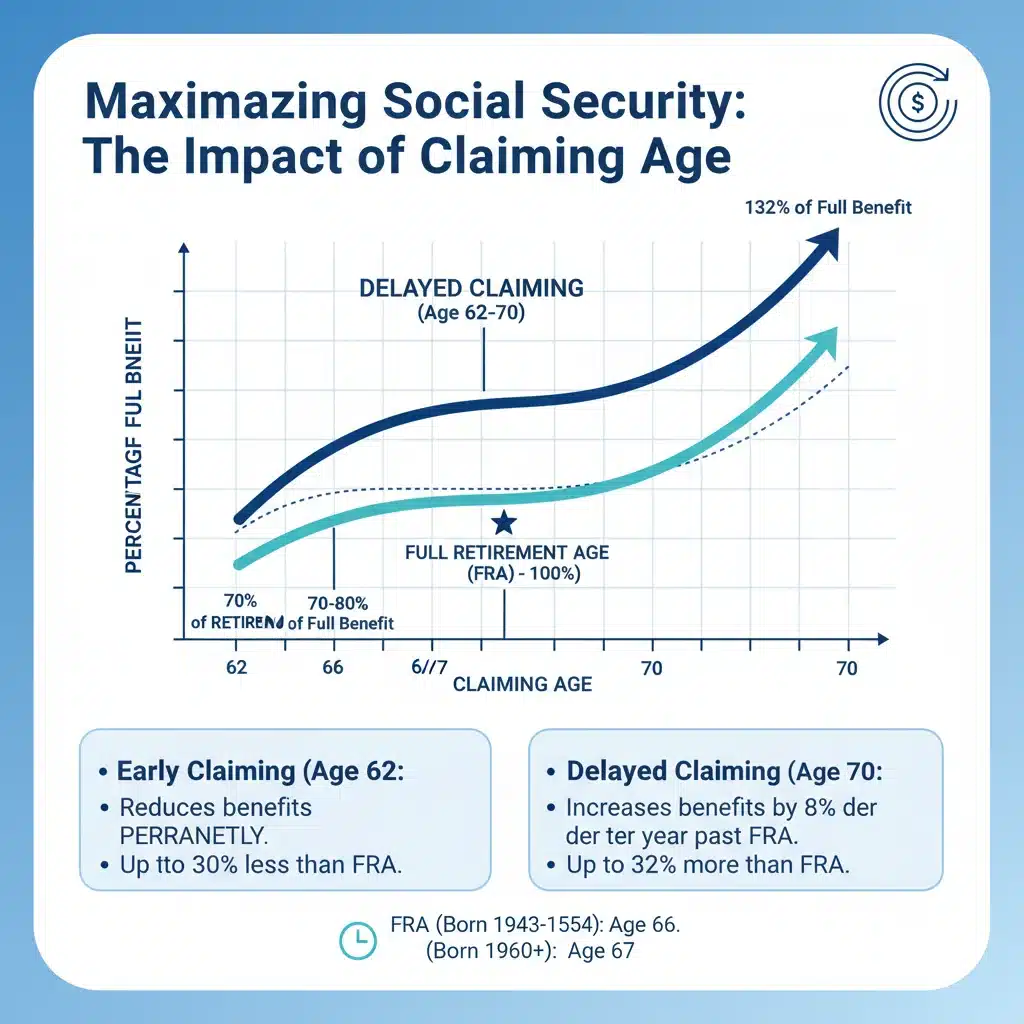 Infographic showing Social Security claiming age impact on benefits