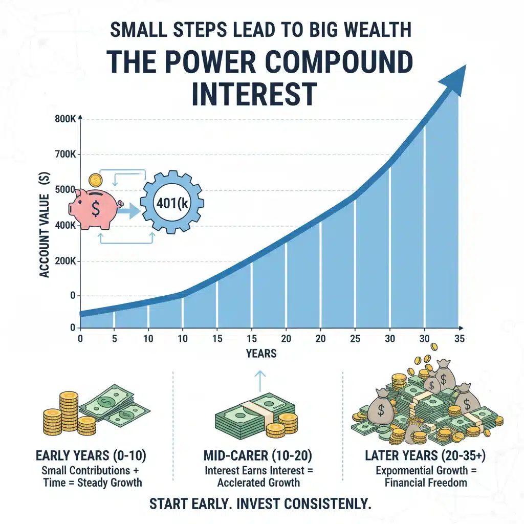 Infographic illustrating compound interest growth in a 401(k) over time.