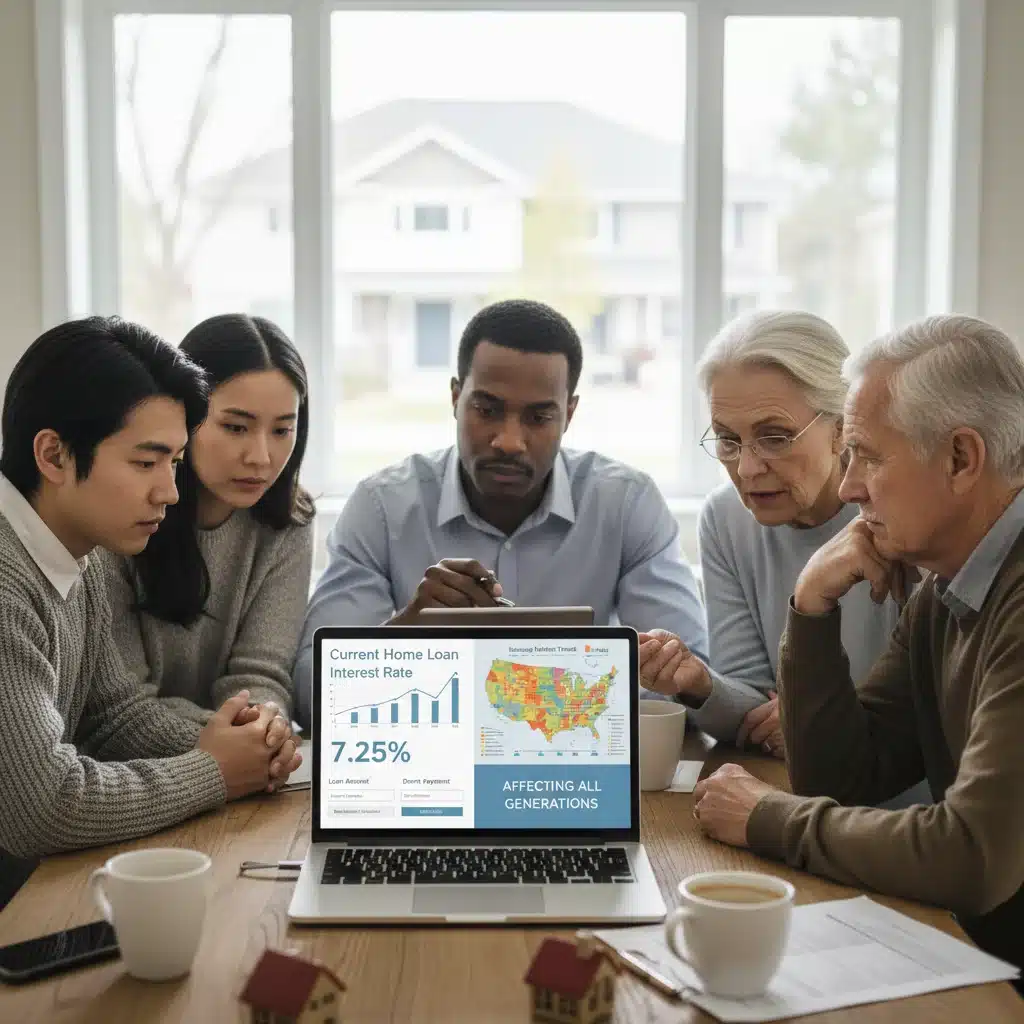 Diverse individuals analyzing mortgage calculators and housing trends, representing various demographics impacted by interest rates.