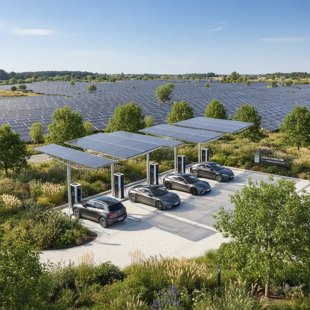 Electric vehicle charging station with solar panels, clean energy infrastructure