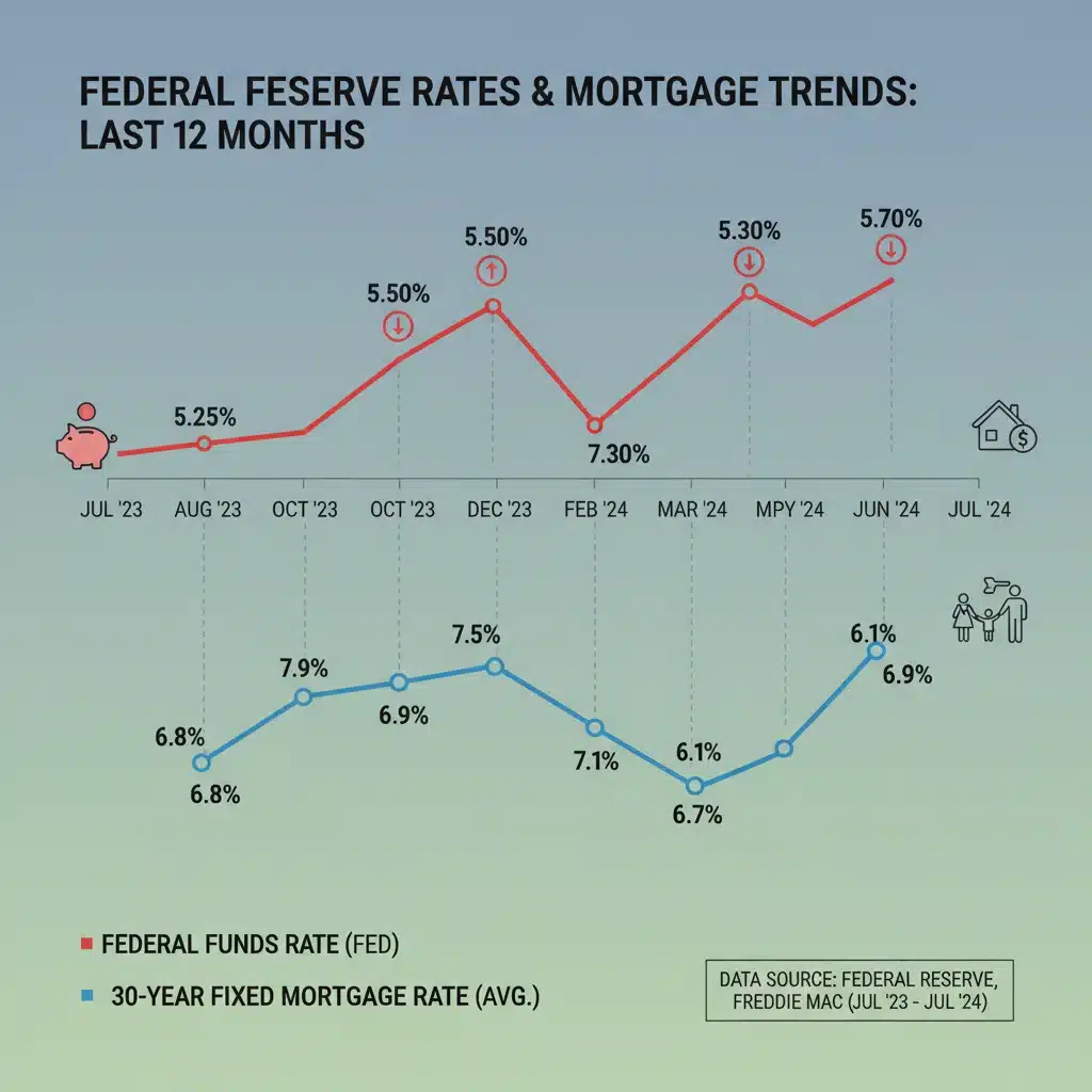 Infographic displaying Federal Reserve interest rate changes and their correlation with 30-year fixed mortgage rates.