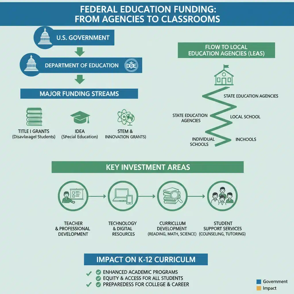 Infographic showing the allocation of federal education funding to K-12 schools and its influence on curriculum development.