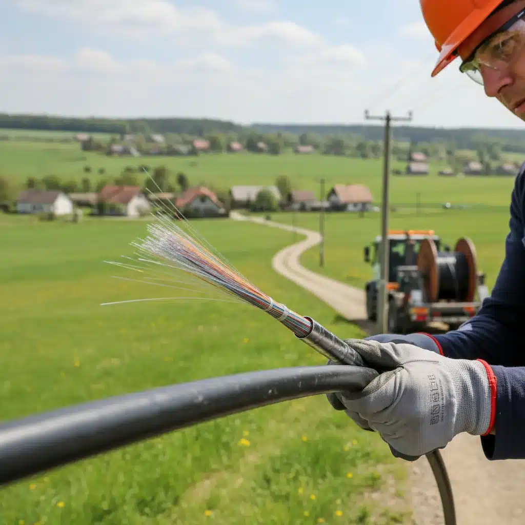 Technician installing fiber optic cable for rural broadband expansion