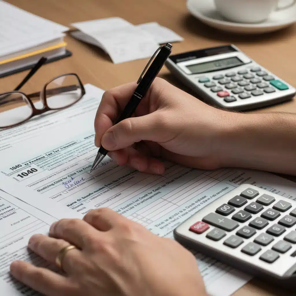 Hands completing Child Tax Credit section on tax form