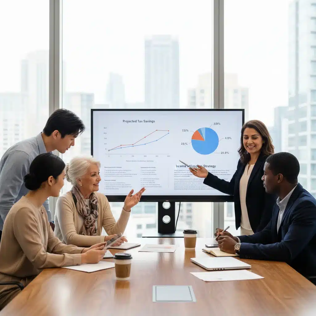 Diverse group consulting a financial advisor about 2026 tax strategies.