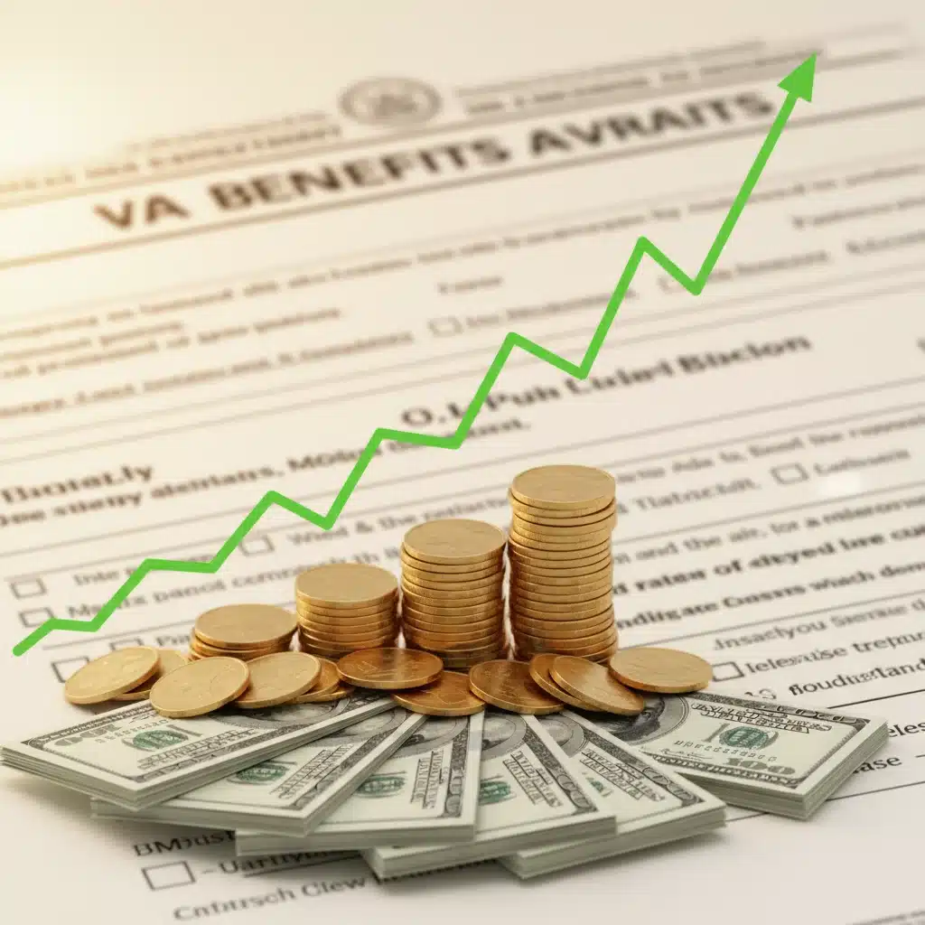 Financial graph showing rising benefits with coins and dollar bills.