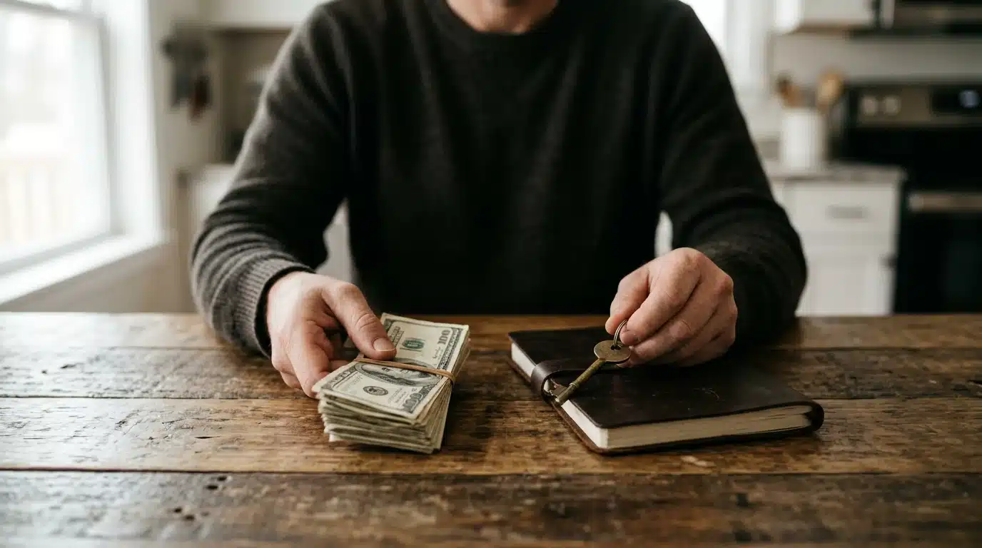 A person's hands contrasting a stack of cash for a home equity loan with a key symbolizing a HELOC, on a wooden surface.
