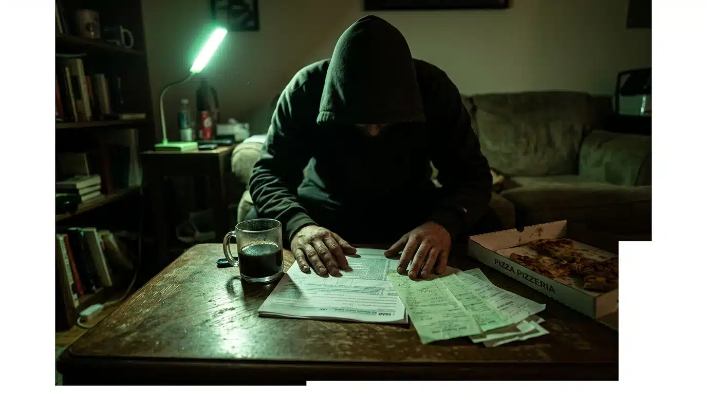 A gig worker, seen from behind at a coffee table, reviewing a crumpled IRS Form 1040-ES and green receipts under dramatic green-gelled lighting, emphasizing the complexities of quarterly estimated taxes.