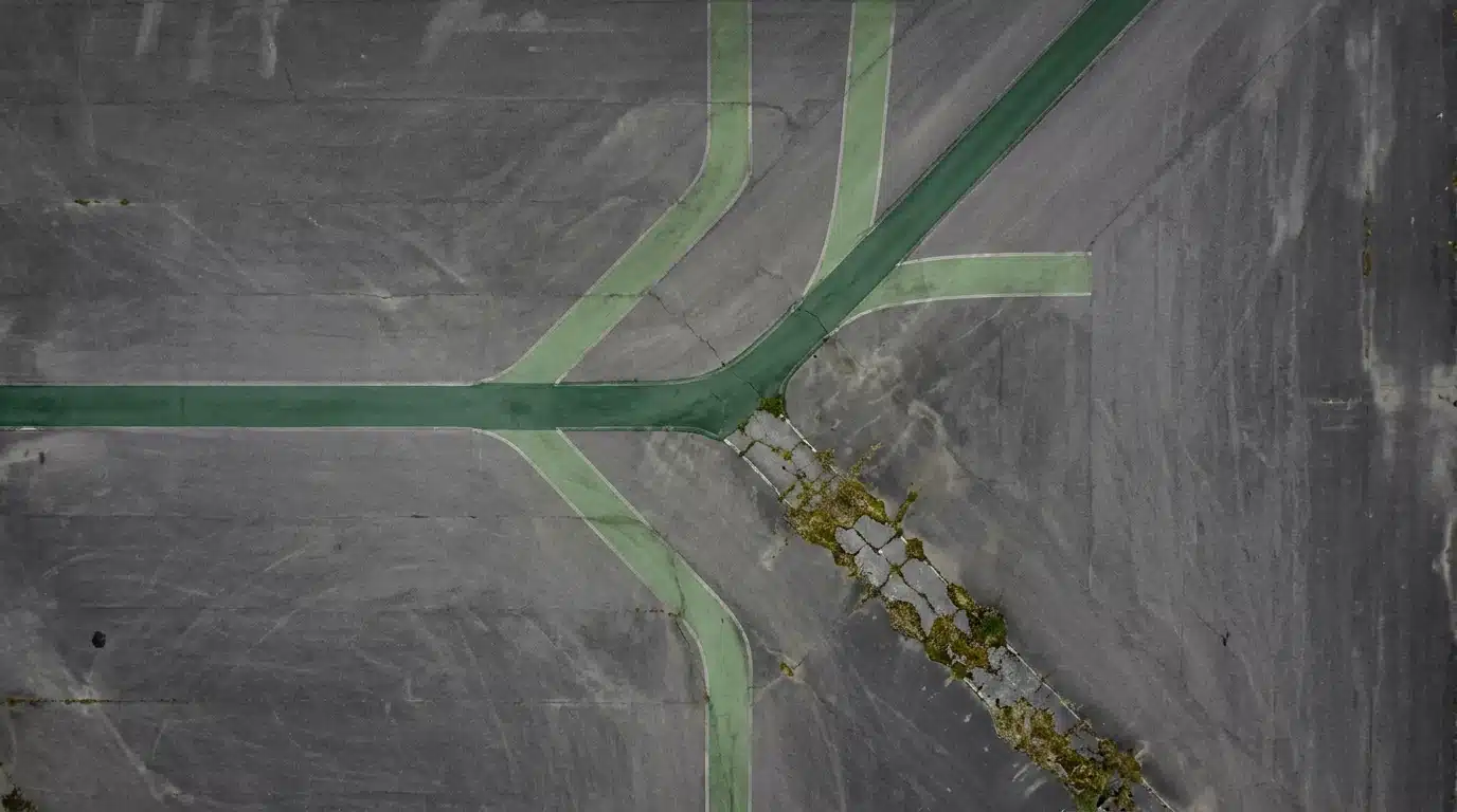 Aerial view of a weathered asphalt surface with intersecting geometric pathways, one highlighted in deep green, symbolizing the complexity of student loan interest deduction eligibility and income thresholds.