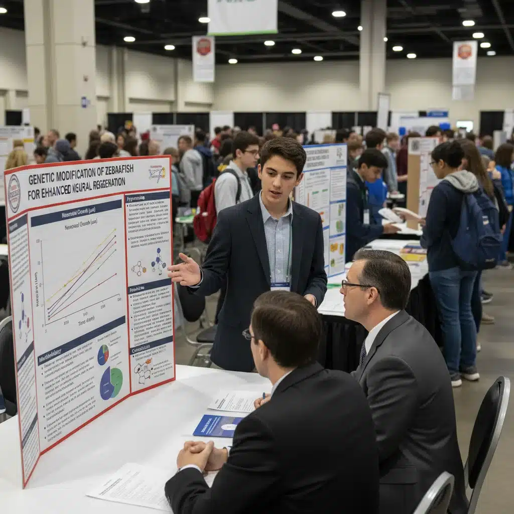 High school student presenting scientific research at a science fair, showcasing their project and communication skills.