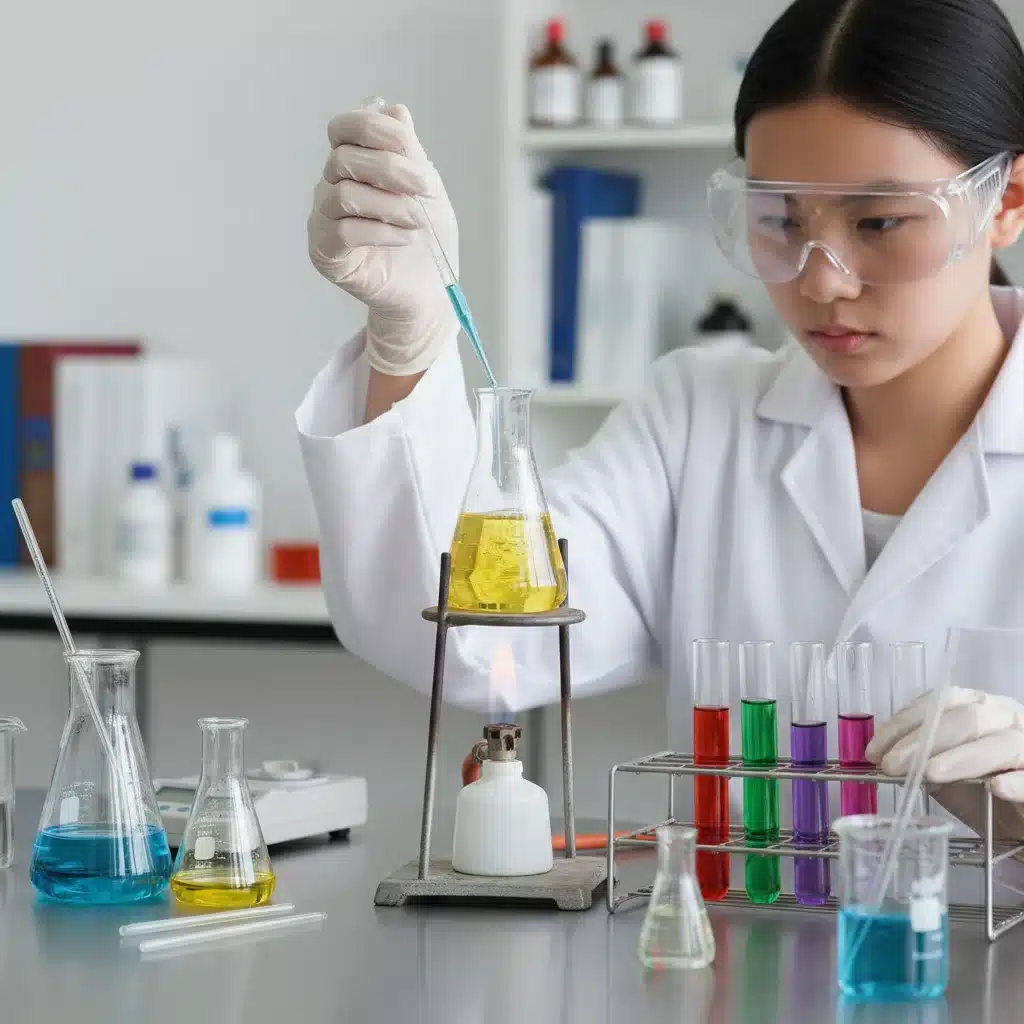 Student performing a chemistry experiment with beakers and test tubes, demonstrating scientific inquiry and precision.